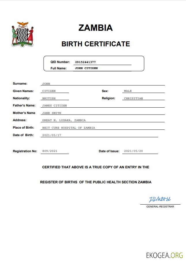 Modèle Word et PDF d'acte de naissance en Zambie